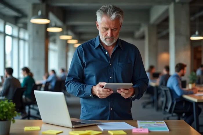 Homme en bureau open space consultant des conseils informatiques sur une tablette entouré de notes et d'un laptop