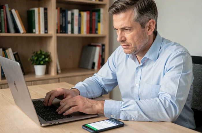 Homme recherchant des informations sur un numéro de téléphone inconnu via ordinateur et smartphone dans un bureau à domicile