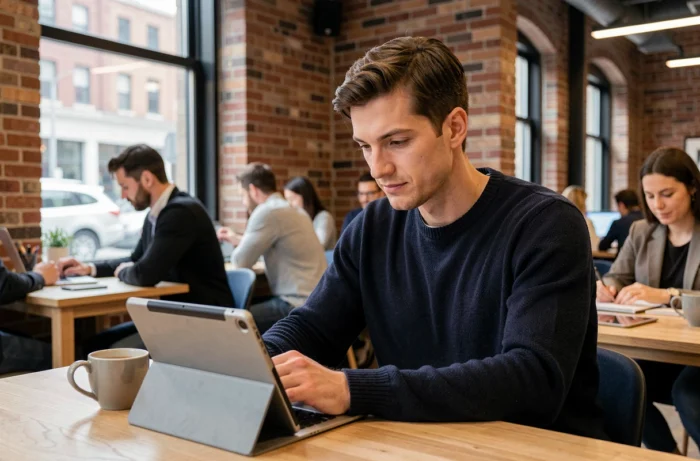 Jeune homme consultant des offres d'emploi attractives sur une tablette dans un espace de coworking moderne