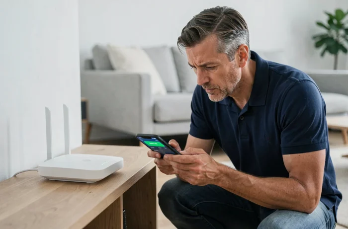 Homme vérifiant le routeur Wi-Fi et testant la vitesse de connexion avec son smartphone