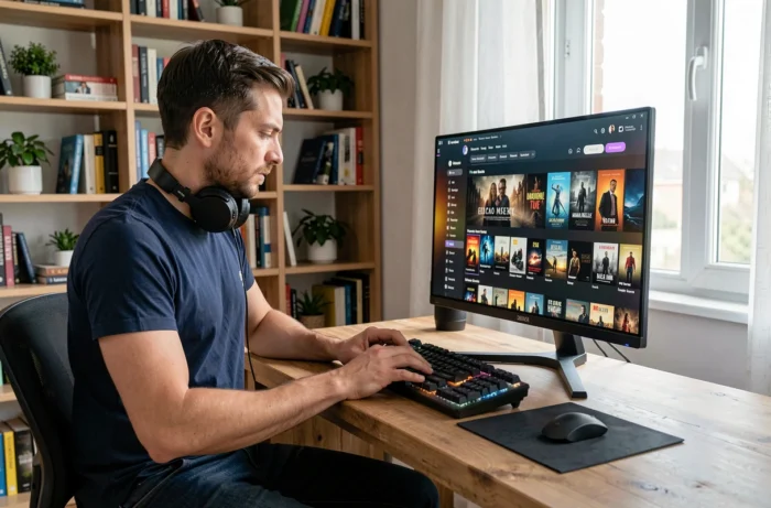 Homme consultant un site de streaming gratuit de films sur son ordinateur dans un bureau à domicile