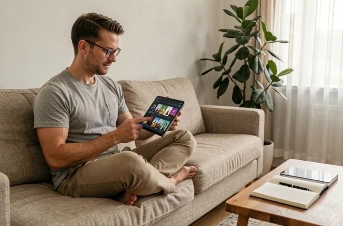 Homme lisant des ebooks gratuits sur une tablette confortablement installé dans son salon