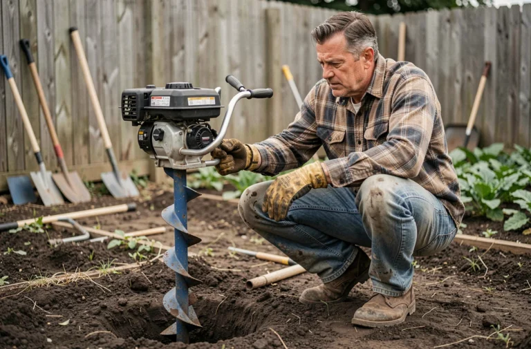 Homme examinant une tarière thermique dans un jardin avant de l'utiliser pour des travaux de jardinage