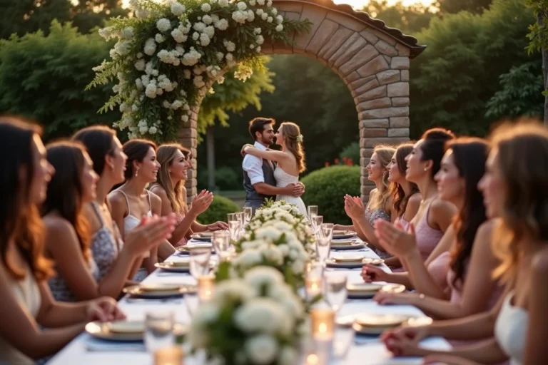 Vue d'ensemble d'une réception de mariage festive avec les mariés entourés de leurs proches dans un jardin fleuri
