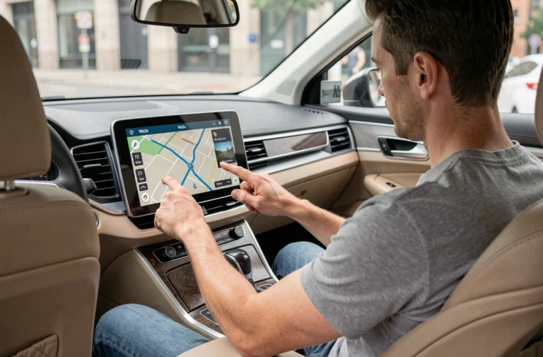 Homme configurant Waze sur l'écran GPS intégré de sa voiture moderne
