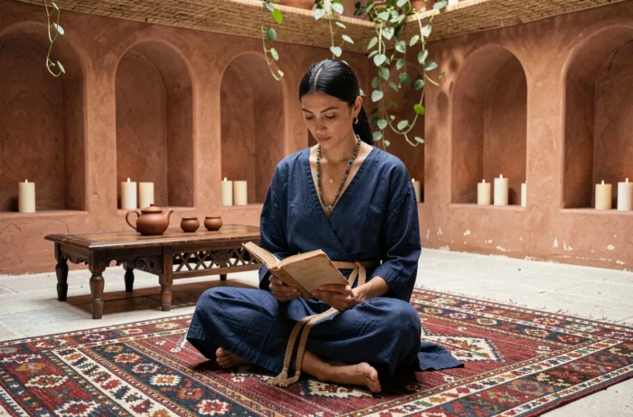 Femme en robe bohème indigo assise sur un tapis kilim marocain dans un intérieur riad authentique avec poteries et plantes suspendues