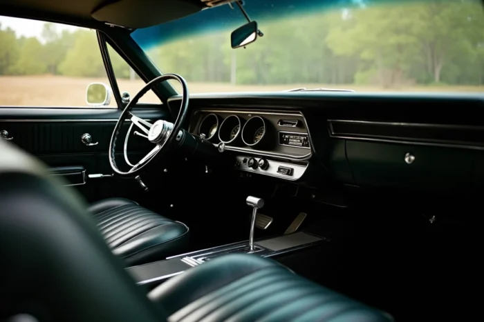 Intérieur authentique de la Chevrolet Impala 1967 de Supernatural avec tableau de bord vintage, siège banquette noir et volant chromé
