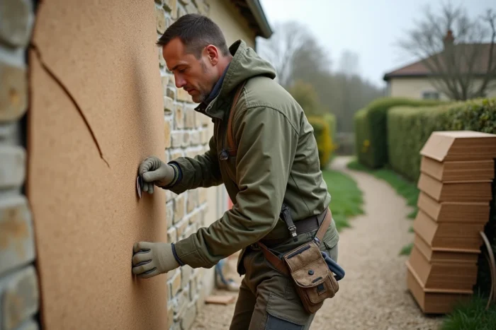 Artisan posant des panneaux isolants en liège naturel sur la façade d'une maison en pierre pour une rénovation thermique écologique