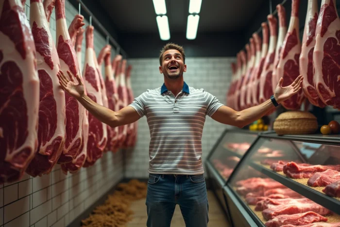 Un homme dans une boucherie faisant un geste large vers un bœuf entier illustrant l'expression je mangerais un bœuf