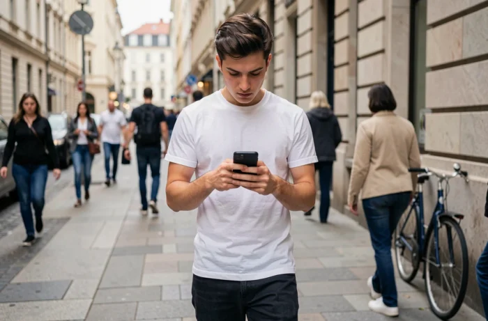 Jeune adulte dans la rue consultant son téléphone après avoir reçu un appel d'un numéro inconnu