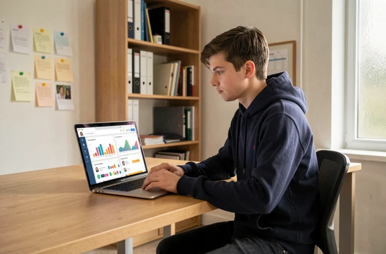 Un jeune suivi par Apprentis d'Auteuil consulte son tableau de bord personnalisé sur l'application Zidore depuis un bureau en bois