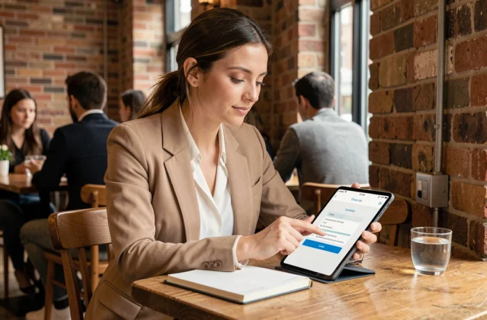 Jeune femme en train de souscrire un mini prêt en ligne sans justificatif depuis un café urbain avec une tablette