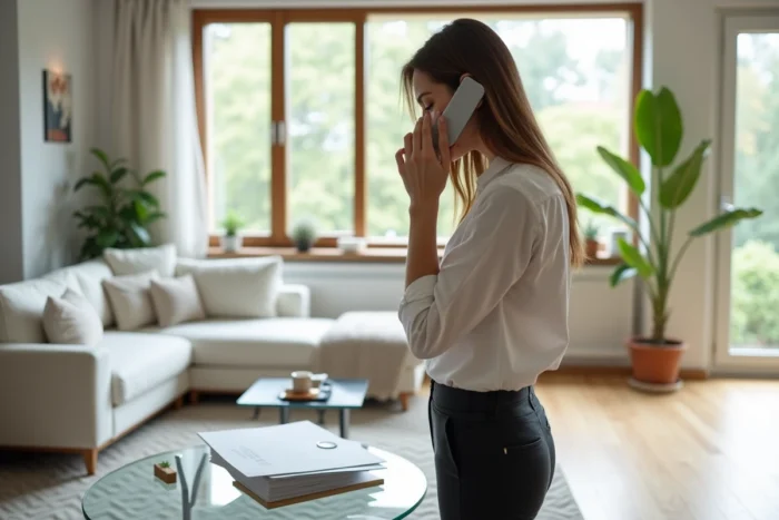 Jeune femme debout au salon consultant un dossier Pajemploi CESU en téléphonant