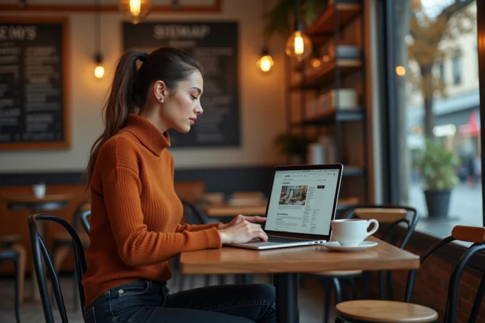 Jeune femme explorant le sitemap d'un site d'actualités sur son ordinateur portable dans un café urbain