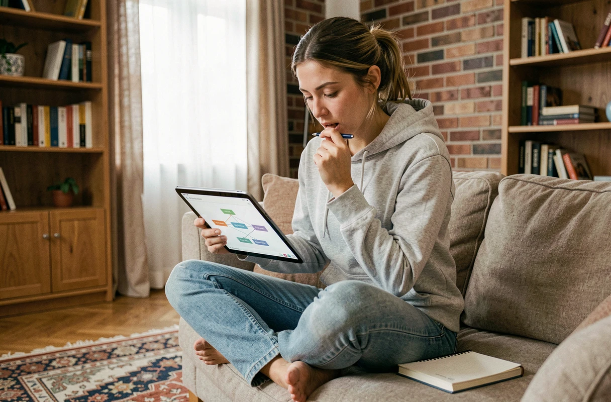 Jeune femme travaillant sur sa stratégie de business en ligne depuis son canapé avec une tablette affichant un entonnoir de vente digital