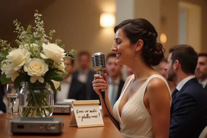 Un invité enregistre un message audio dans le livre d'or sonore installé pendant la réception de mariage