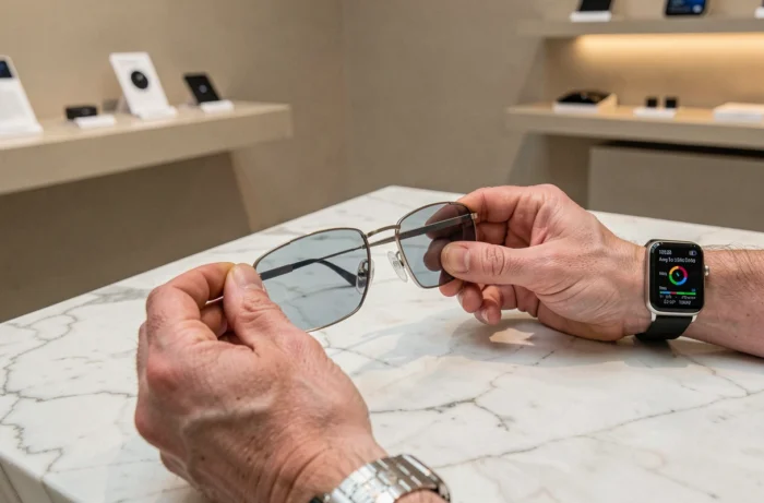 Mains tenant des lunettes de réalité augmentée et une montre connectée sur surface en marbre dans un showroom technologique