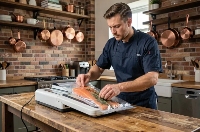 Homme utilisant une machine à mise sous vide pour conditionner du saumon frais dans une cuisine