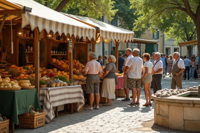 Marché provençal animé sur la place du village de Robion avec étals de produits locaux et habitants