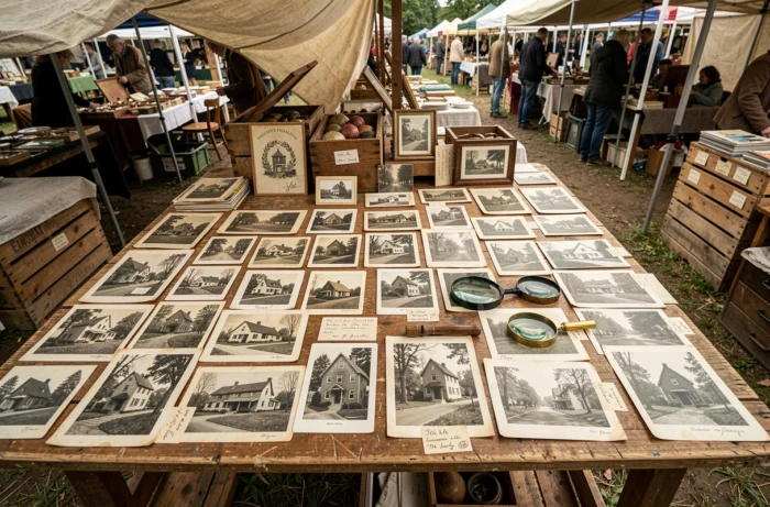 Tisch auf einem Flohmarkt, bedeckt mit alten Fotografien von Häusern und Straßen aus Vierteln des 20. Jahrhunderts