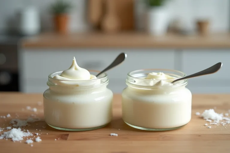 Deux pots en verre de mascarpone et de crème fraîche côte à côte sur une table en bois, avec une cuillère en argent posée sur l'un d'eux