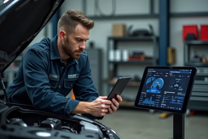 Mécanicien professionnel utilisant un tableau de bord de diagnostic en ligne sur tablette dans un atelier automobile