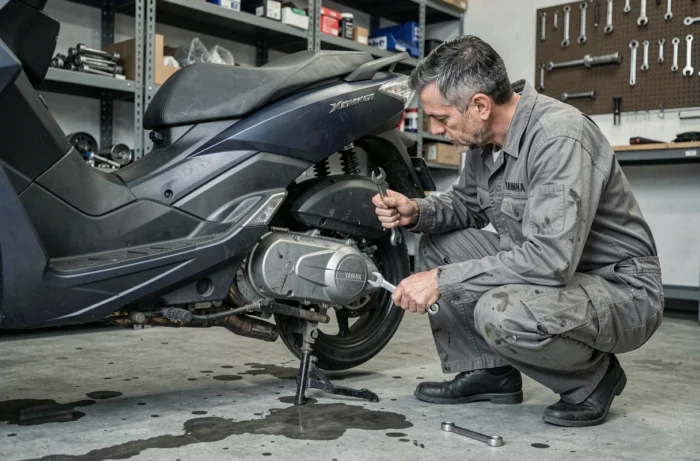Mécanicien inspectant le moteur d'un Xmax 125 en atelier après rodage et plusieurs milliers de kilomètres