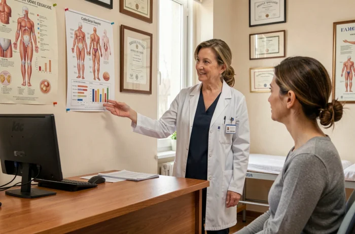 Médecin expliquant à une patiente les effets d'un traitement hormonal sur la prise de poids