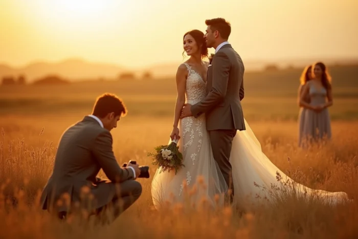 Les mariés lors d'un mini-shooting photo secret dans une prairie dorée à l'heure dorée
