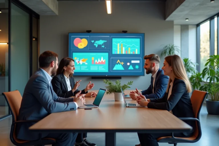Équipe de professionnels modernisant le CSE autour d'une table de réunion avec des tableaux de bord numériques