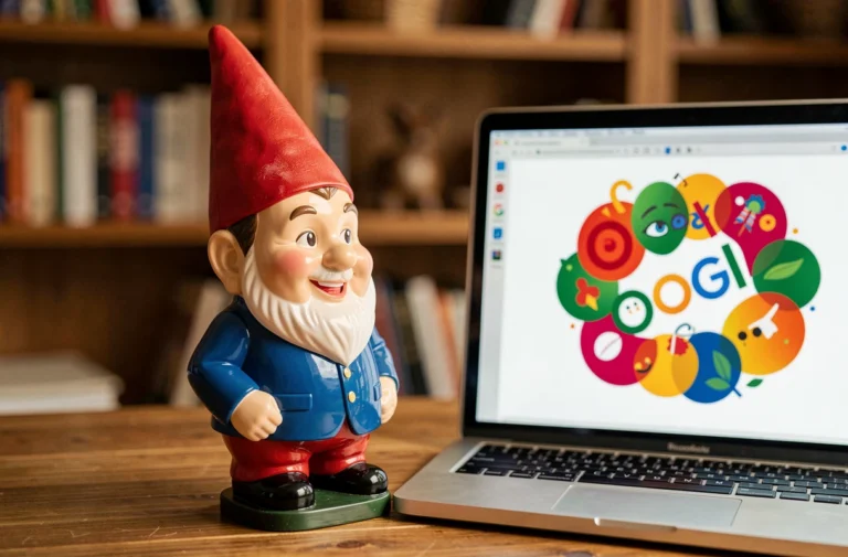 Figurine de nain de jardin en céramique posée devant un ordinateur affichant un Google Doodle coloré, dans un bureau à domicile chaleureux