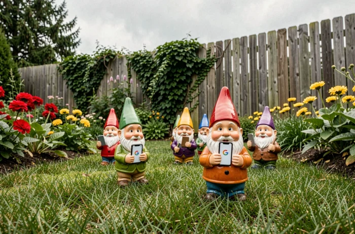 Plusieurs nains de jardin colorés disposés sur une pelouse verdoyante, l'un tenant un smartphone avec le logo Google, dans un jardin fleuri