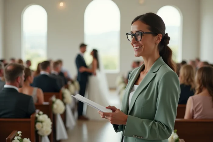 Officiant de mariage lisant des voeux courts et créatifs à voix haute lors d'une cérémonie intime dans une chapelle moderne minimaliste