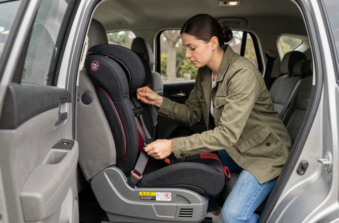 Mère ajustant les sangles du harnais d'un siège auto groupe 1 2 3 noir et rouge fixé en ISOFIX dans un SUV familial