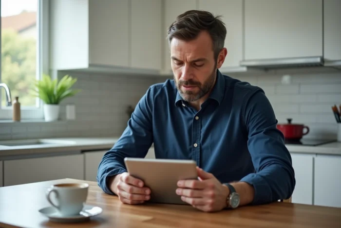 Père consultant l'application Family Link sur une tablette dans la cuisine familiale