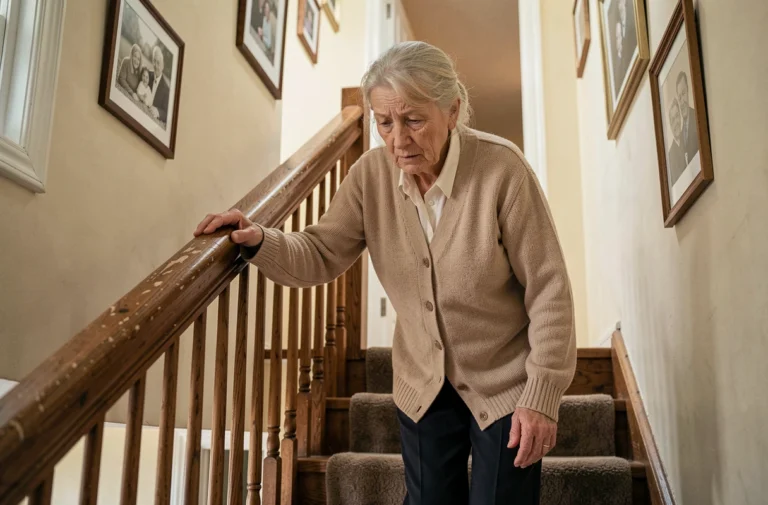 Femme âgée descendant un escalier en s'appuyant sur la rampe, illustrant le risque de chute chez les seniors