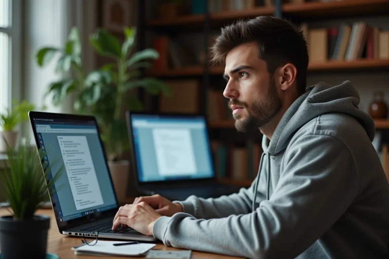 Jeune homme regardant des alertes de sécurité sur un écran d'ordinateur portable illustrant les risques de piratage de compte Snapchat