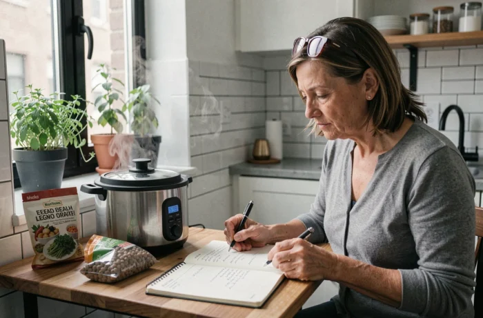 Femme consultant un plan alimentaire pour intégrer des habitudes de cuisson réduisant les lectines