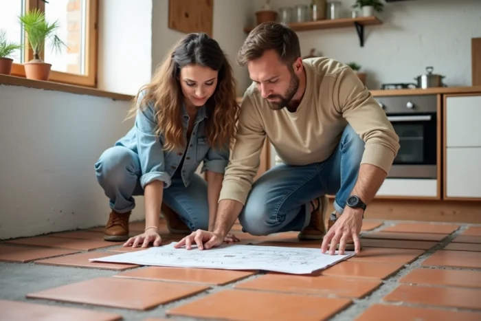 Couple posant des carreaux de terre cuite de récupération dans une cuisine lors d'une rénovation maison éco-responsable et économique