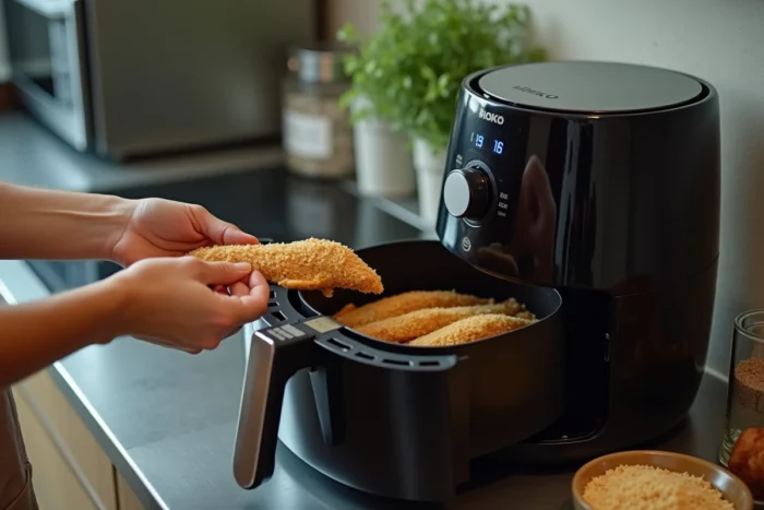 Mains préparant des éperlans panés dans le panier d'un air fryer sur un plan de travail de cuisine moderne, avec chapelure et poisson cru