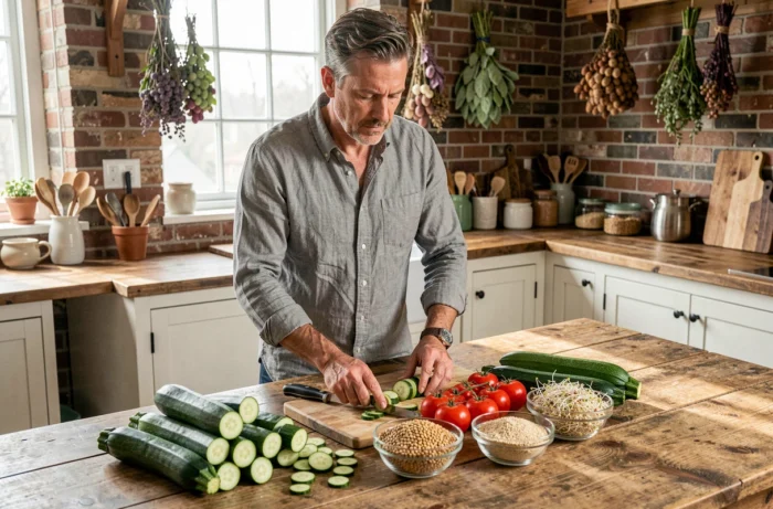 Homme préparant des légumes pelés et épépinés pour limiter l'apport en lectines dans les repas quotidiens