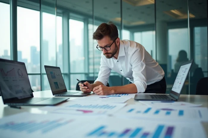 Professionnel du marketing consultant des rapports de veille médiatique sur une table de réunion pour accroître la notoriété d'une entreprise