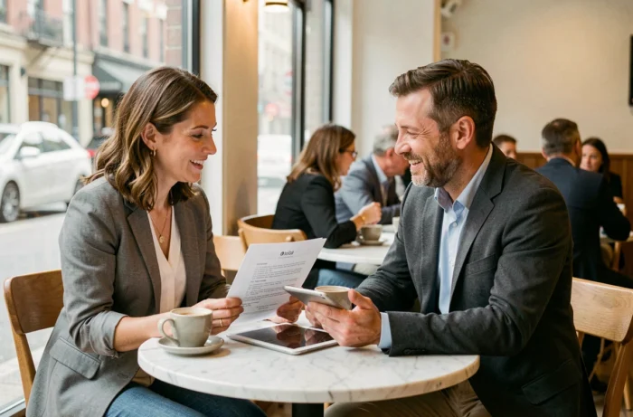 Deux professionnels discutant de stratégies de recherche d'emploi avec un CV et une tablette dans un café urbain