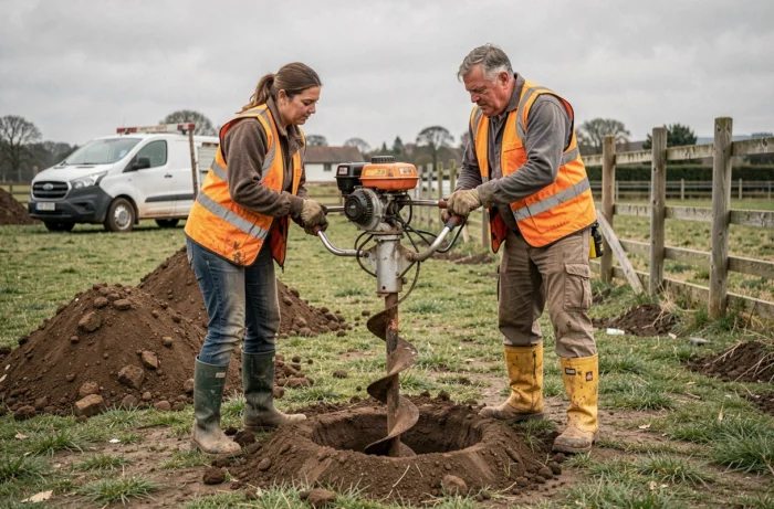 Deux professionnels du paysage utilisant une tarière thermique deux personnes pour creuser des trous de poteaux sur un chantier