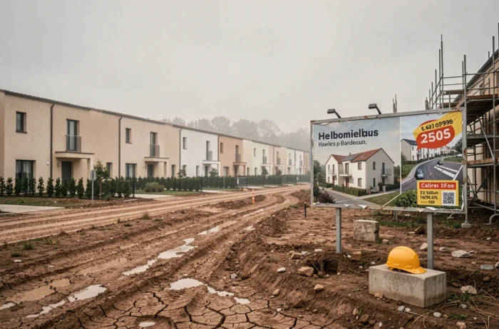 Programma immobiliare nuovo in costruzione nella periferia di Bordeaux con pannello pubblicitario di prezzi elevati, evocando la bolla speculativa