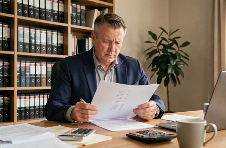 Propriétaire immobilier examinant un contrat de prolongation Pinel dans un bureau à domicile