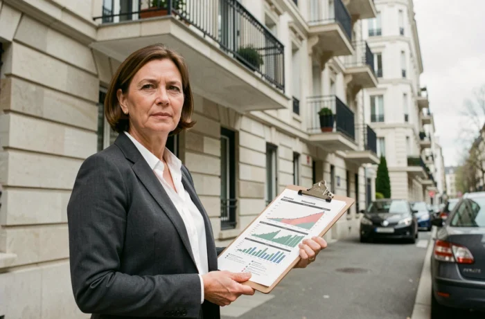 Propriétaire devant un immeuble d'appartements en loi Pinel tenant des documents de gestion locative