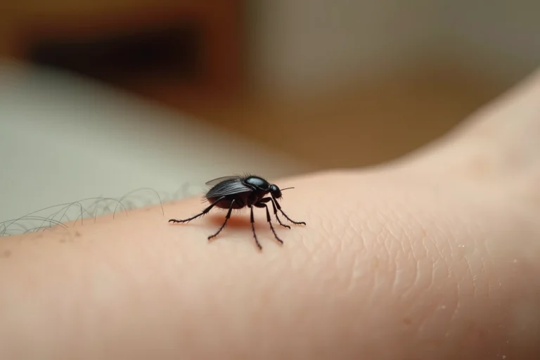 Gros plan macro d'une petite puce noire sur une peau humaine, insecte sauteur identifiable par ses pattes postérieures puissantes et son corps brun-noir brillant