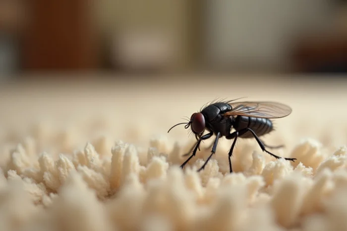 Puce noire sauteuse photographiée en profil sur des fibres de moquette beige, insecte parasite domestique identifiable à son corps aplati et ses longues pattes arquées