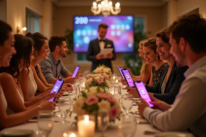 Les invités participent à un quiz interactif sur smartphone autour de la table du repas de mariage